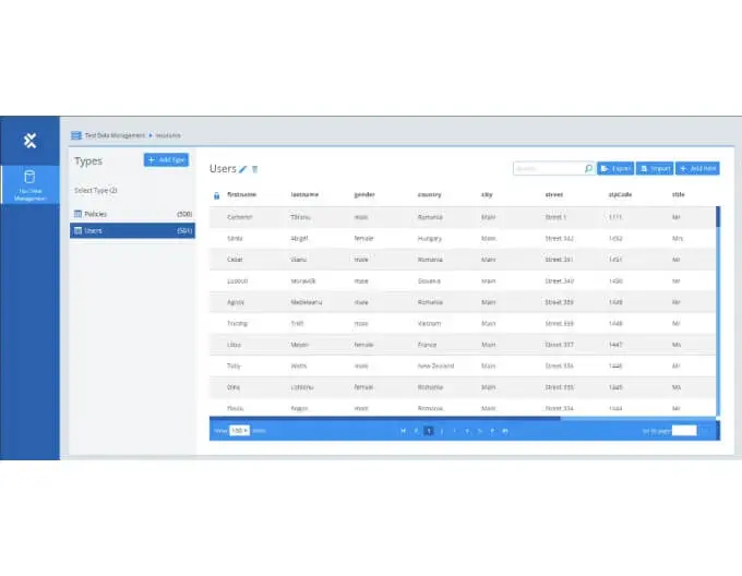 Test data management screen