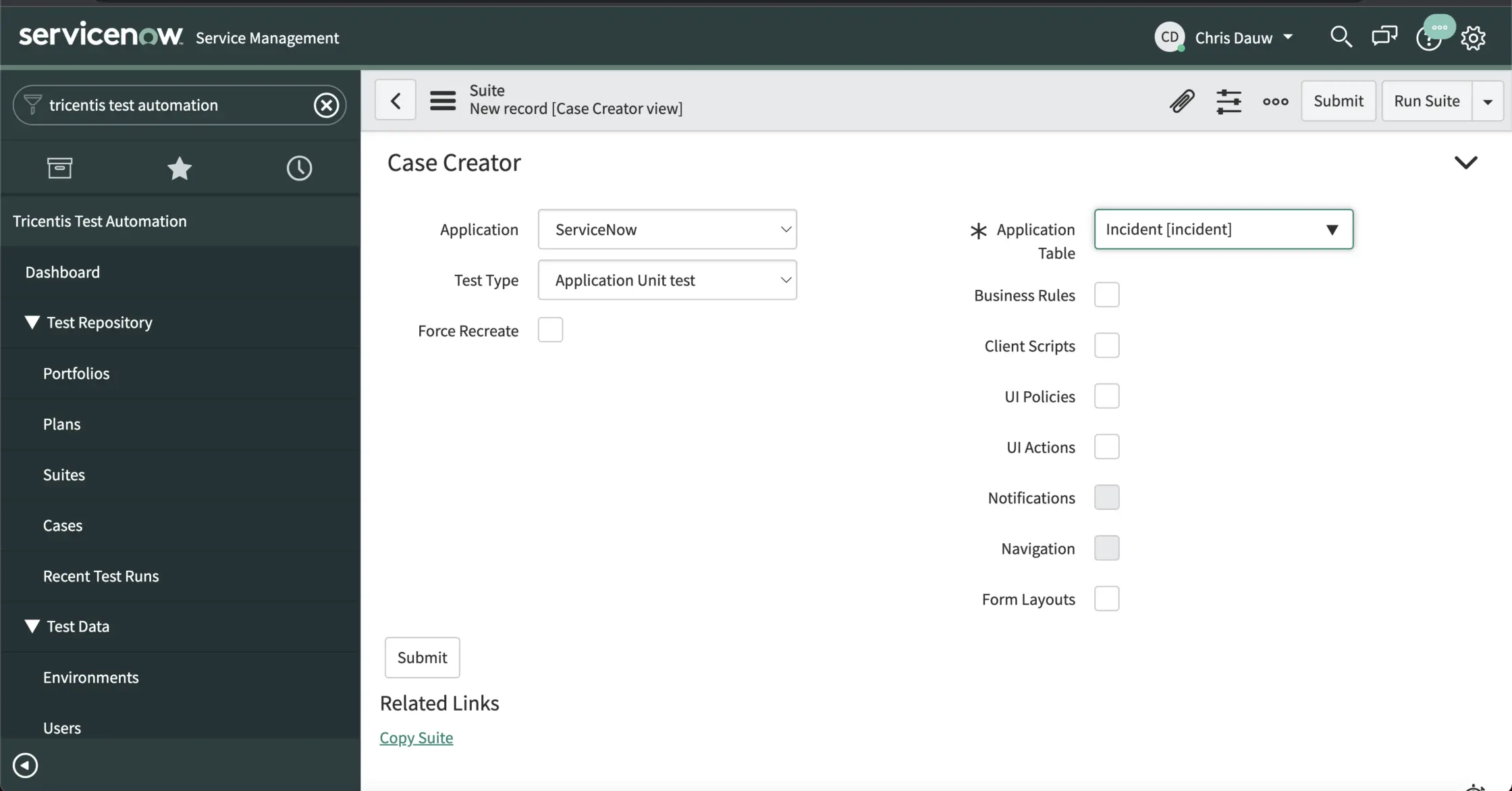 ServiceNow test case creator