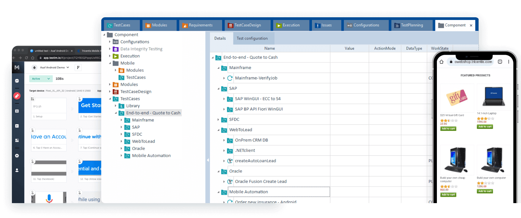 Screens of mobile testing solution products