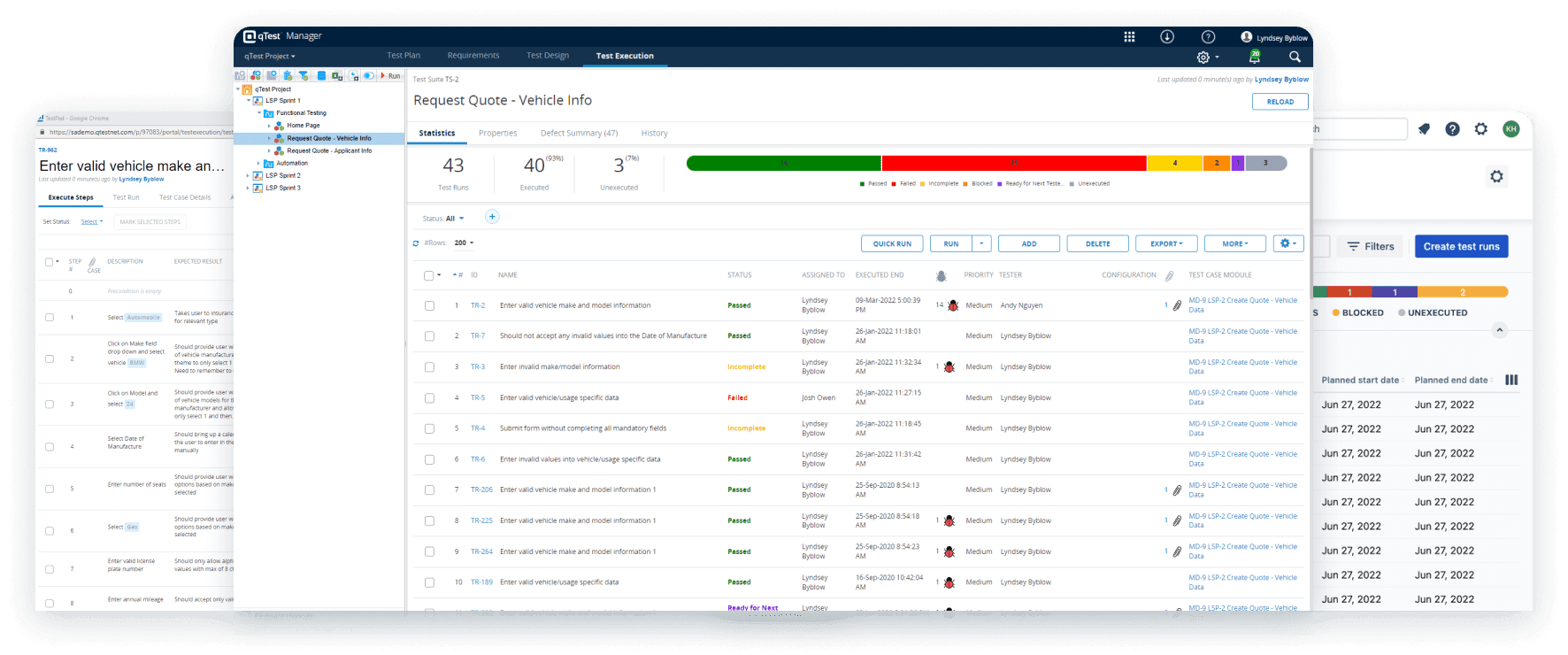 Test management solution product screens