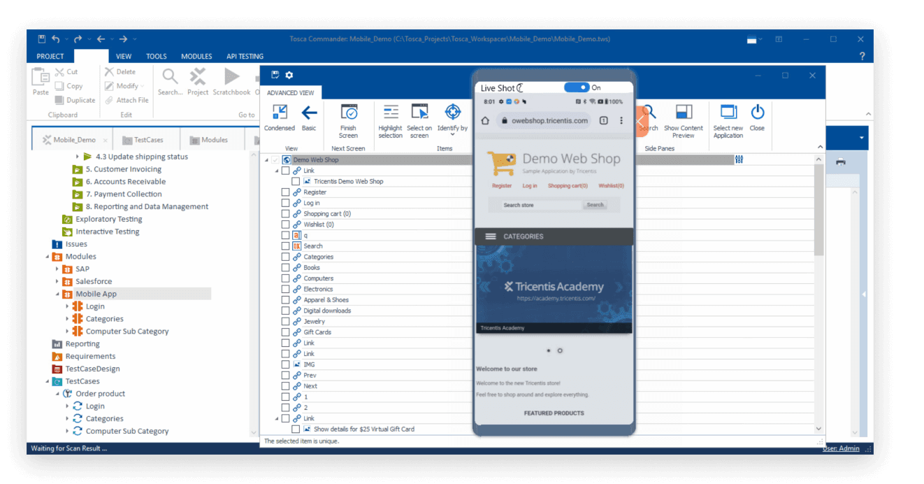 Tricentis Tosca Commander screen - Mobile app demo