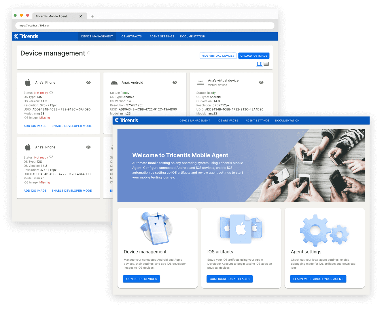 Tricentis Mobile Agent dashboard and device management screens