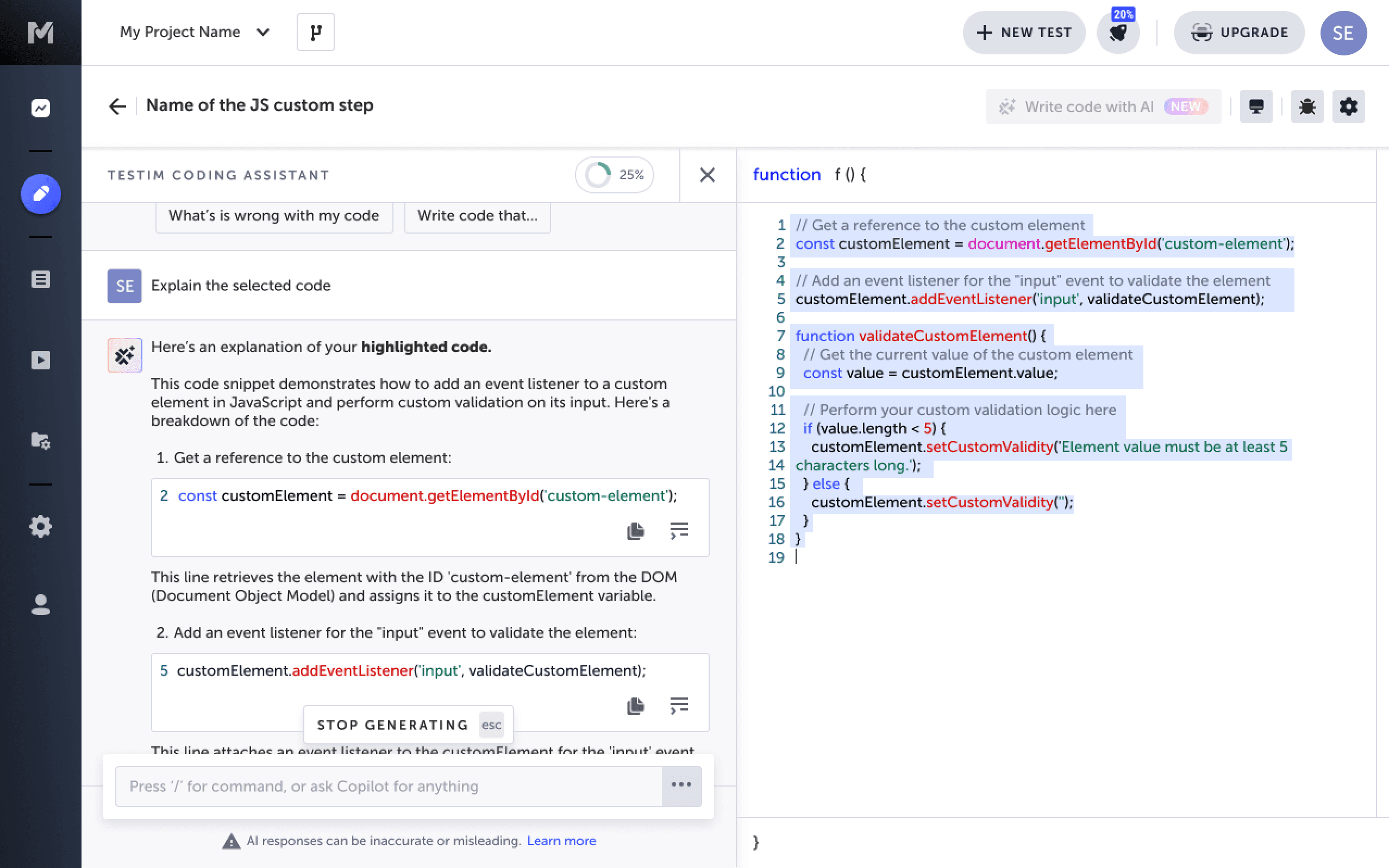 Tricentis Testim Copilot - Coding assistant with AI capabilities